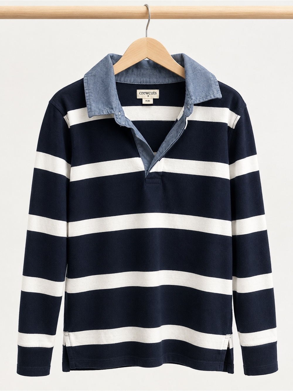 Crewcuts Navy and White Striped Rugby Shirt with Chambray Collar